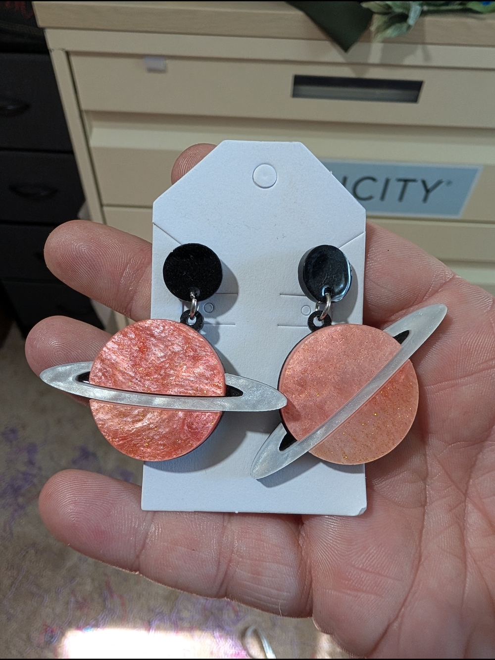 Unbranded Acrylic Pinkish Coral Planet Saturn Drop Earrings